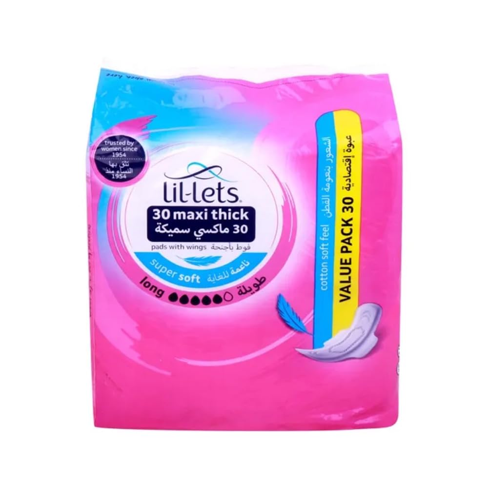 Lil-Lets Maxi Thick Cotton Soft Long Sanitary Pads | With Wings | 1 Pack of 30 Maxi Pads | for Medium to Heavy Flow | Super Soft Comfort Cover