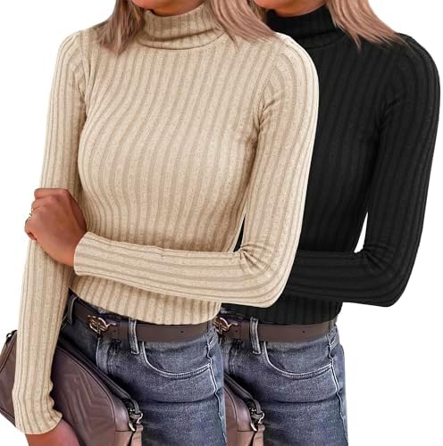 2 Pack Womens Long Sleeve Turtleneck Shirts Basic Fall Thermal Lightweight Pullover Tops Trendy Comfy Undershirts