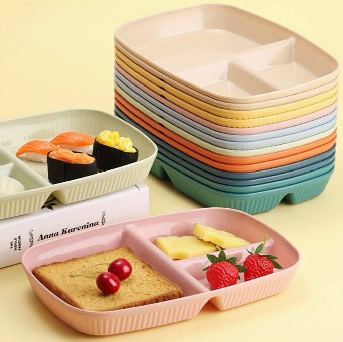 VibeZone 2pcs Unbreakable 3-Section Rectangular Plates – Stylish Striped Design PP Material for Snacks, Salads, Meals & Desserts. Perfect for Parties, Kitchen & Dining Decor (Light Pink) 3