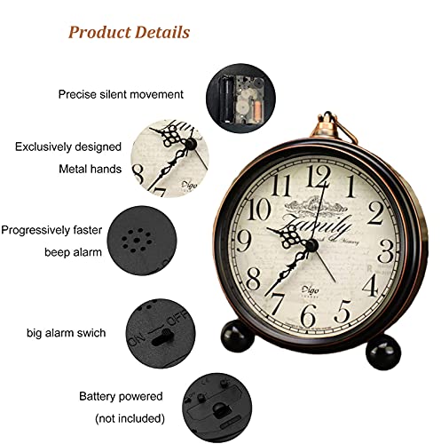 Cookadvan Vintage Alarm Clock, 5.2" European Style Classic Retro Small Silent Desk Clock, Battery Operated/Non-Ticking/Quartz Movement/Easy To Read, Suitable For Kids Bedroom Living Room (Black-2) #TOP3