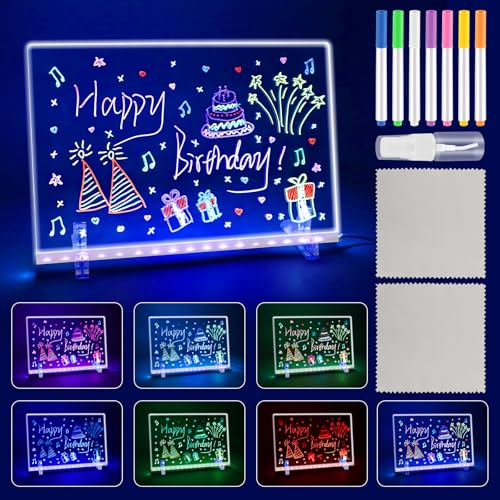 MXTIMWAN Pizarra de Mensajes con LED Luminosa 30×20 cm, Tablero Acrílico Luminoso con Mensaje LED, 7 Rotuladores, Tablero de Notas LEDs Acrílico para Estudiantes, Adolescentes, Niños