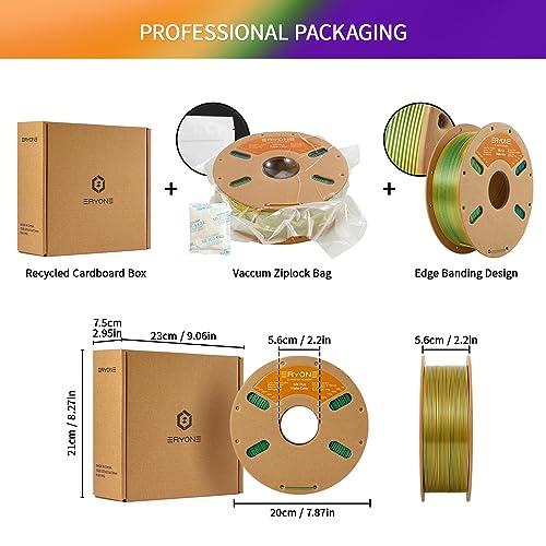 Image of ERYONE Silk Tri Color PLA Filament 3D Printer 1.75mm + /- 0.03mm, Multicolor Filament Tricolor PLA 1KG(2.2lbs) Cardboard Spool, Green Purple Yellow