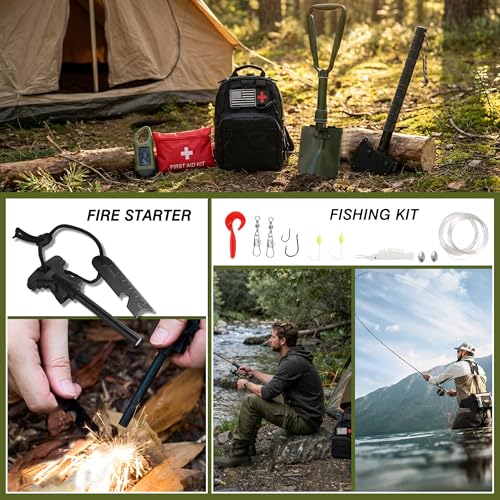 Survival Kit with Emergency Gear Set & Tactical Crossbody Bag,First Aid Supplies for Camping Hiking & Emergency Preparedness,Bug Out Bag with Tent,Axe,Folding Shovel,Flashlight,Gifts for Men Women - Image 5