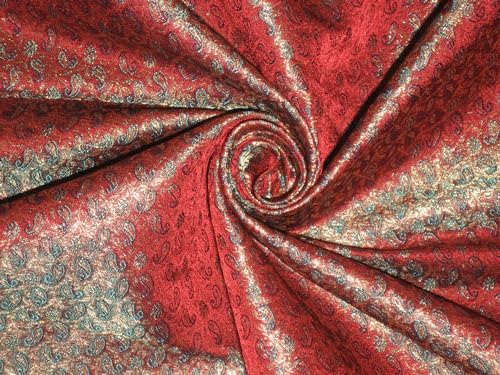 Tissu brocart de soie doré rouge et bleu pour confectionner une robe de soirée