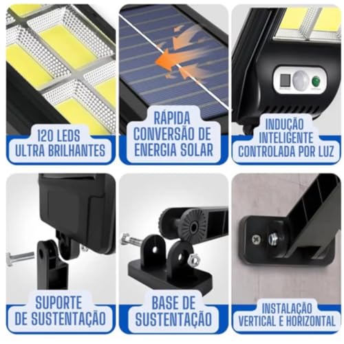 Luminária Solar Refletor Poste Super Potente Led Sensor de Presença 3 Modos de Iluminação Controle R