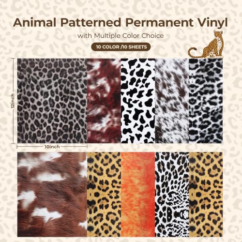Image of HTVRONT Leopard Permanent Vinyl 10 Sheets 12 inchx10 inch Cowhide Adhesive Vinyl | Brown cow, cheetah print animal vinyl for craft projects, includes 2 transfer papers, compatible with Cricut & Silhouette