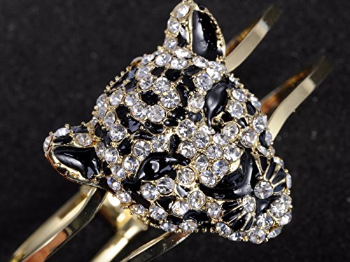 Alilang Golden Tone Sparkly Clear Crystal Rhinestones Black Enamel Cheetah Leopard Jaguar Head Bangle Bracelet4