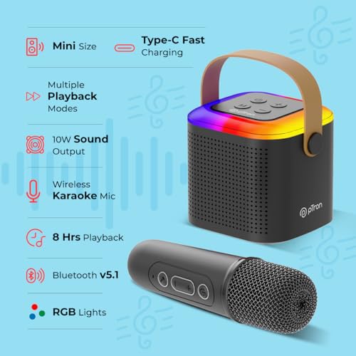 pTron Newly Launched Fusion Tunes 10W Mini Bluetooth Speaker with Wireless Karaoke Mic, 8Hrs Playtime, Vivid RGB Lights, Voice Effects, Multi-Play Modes BT5.1/TF Card & Type-C Charging Port (Black) 7