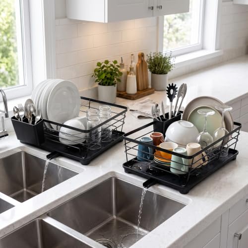 Image of CLAPONE 2 Tier Dish Drying Rack for Kitchen Countertop, Large Dish Drainer with Drainage Spout, Utensil Holder, Plate & Cup Storage Rack, Countertop Utensils Organizer Black (42x29x16 CM)