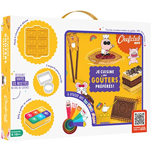 Chefclub Kids Coffret - Je cuisine mes goûters préférés ! Coffret incluant 1 livre de cuisine, 2 emporte-pièces, 1 moule à chocolat, 1 boîte à goûter
