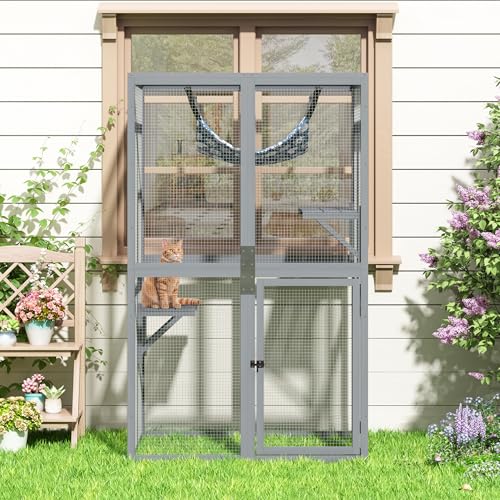 Image of Wooden Outdoor Cat Catio Enclosure with Platforms and Hammock Gray