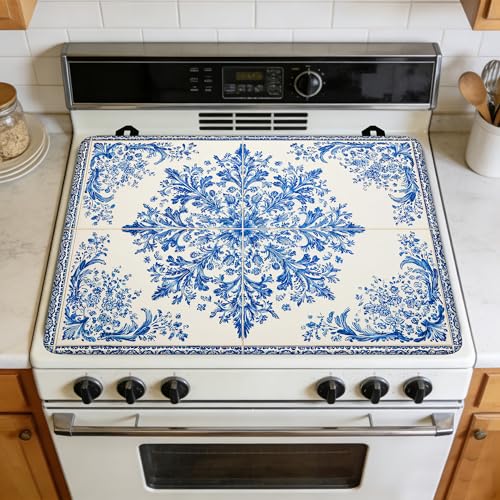 Image of Blue White Tile Stove Top Covers Pad 28 x 20 inches Dish Drying Mat Coffee Bar Mats Kitchen Decor Absorbent Pad Fit Coffee Maker Machine Dish Drying