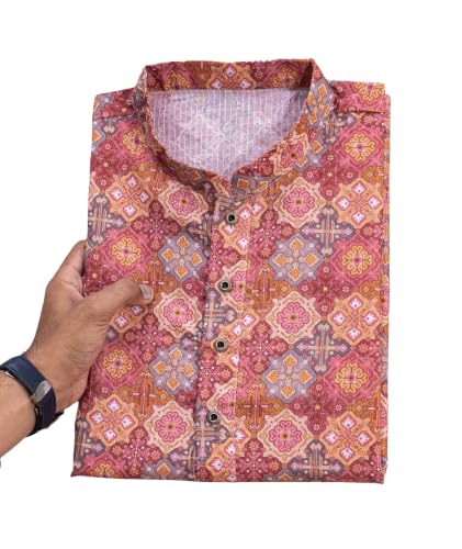 Image of FOXDX Men's Cotton Kurta, Ethnic Printed Kurta for Perfect Ethnic Look, Stand Collar Long Sleeve Casual Printed Regular Long Kurta