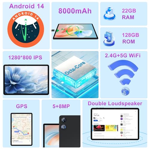 Image of 2025 Android 14 Tablet 22GB RAM 128GB ROM 1TB Expand, 10 inch Tablets with Keyboard Mouse, Octa-Core, 8000mAh Battery, HD IPS Display, 5G WiFi, BT 5.0, GPS, Widevine L1, Split Screen - Metal Black