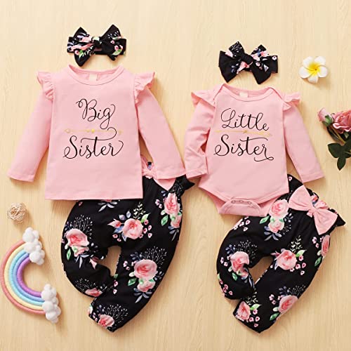 AMAWMW Big Sister Little Sister Matching Outfits Toddler Girl Clothes Newborn Baby Ruffle Romper Floral Pants Headband 3Pcs4