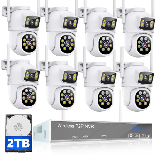 MOVOLS Wireless Security Camera System 5G/2.4G WiFi 8pcs 4MP+4MP Dual Lens Camera System,2K HD PTZ Dome Cameras System with Color Night Version, Motion Detection,2TB HDD, 16CH