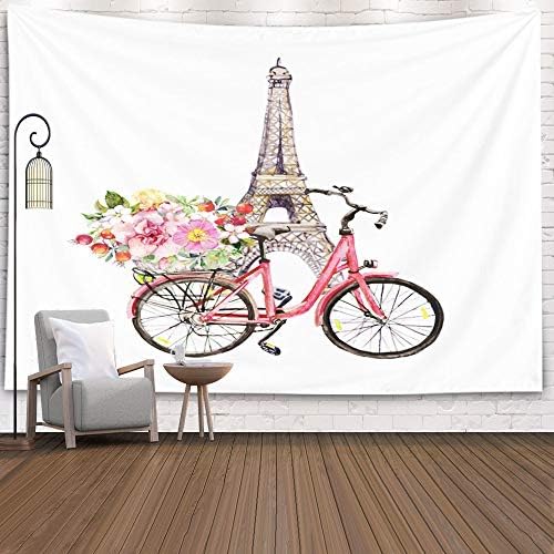 Jacrane Hanging Wall Tapestry, Tapestries with 80x60 Inches Pink Bicycle Flowers Basket Eiffel Tower Watercolor French Design France Art Tapestry for Dorm Bedroom Living Home Decor,Red Pink