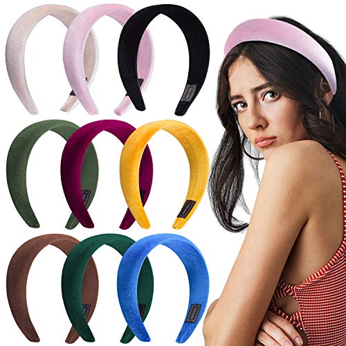 Duufin 9 Pcs Padded Headbands Velvet Headband Puffy Sponge Thick Headbands Vintage Wide Headband for Women, 9 Colors