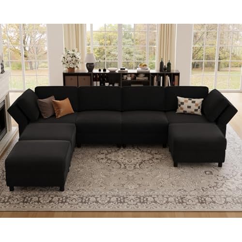 Belffin 114.2" U-Shaped Modular Sectional Sofa, 7-Seat Couch with Deep Seats and Movable Storage Ottoman, Plush Upholstered Living Room Furniture in B