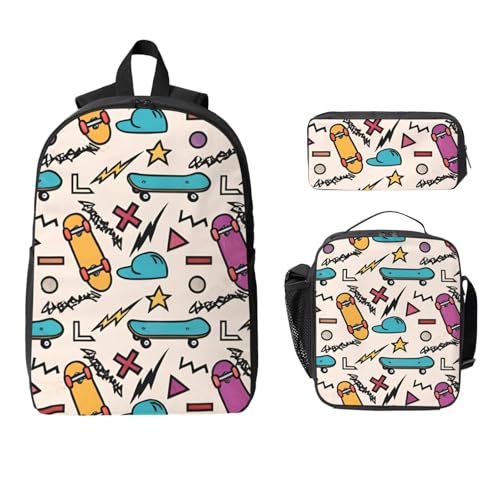 Retro Roller Skates print Backpack Bookbag for Daily Use,3 Pcs Backpack Set with Lunch Box and Pencil Case2
