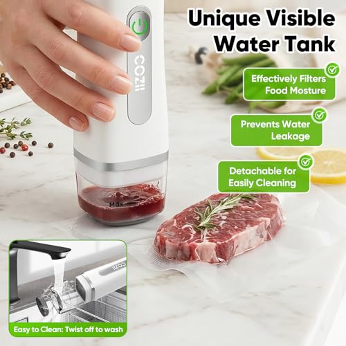 Image of COZII Vacuum Sealer for Food, Powerful Handheld Vacuum Sealer with 30 Reusable Bags, Rechargeable Design with Visible Detachable Tank, Portable Food Saver for Kitchen Camping Travel and Meal Prep