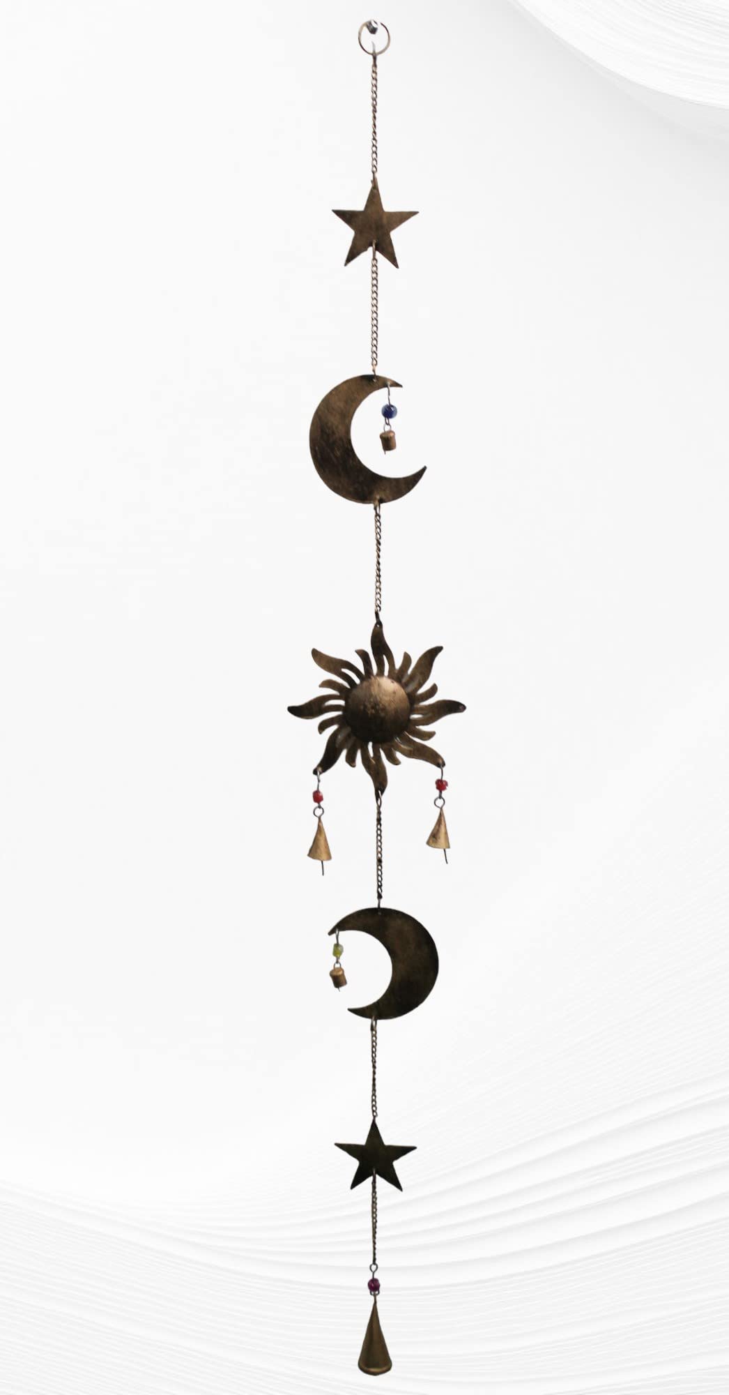 Carillon éolien en fer recyclé extérieur suspension jardin motif astral 110cm
