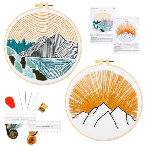 Hand Embroidery Starter Kit for Beginners Adults, Counted Stamped Cross Stitch Needlepoint Kit for Beginner Adult, 2 Embroidery Hoop, 2 Embroidery Fabric with Line Patterns, 2 Set Embroidery Supplies