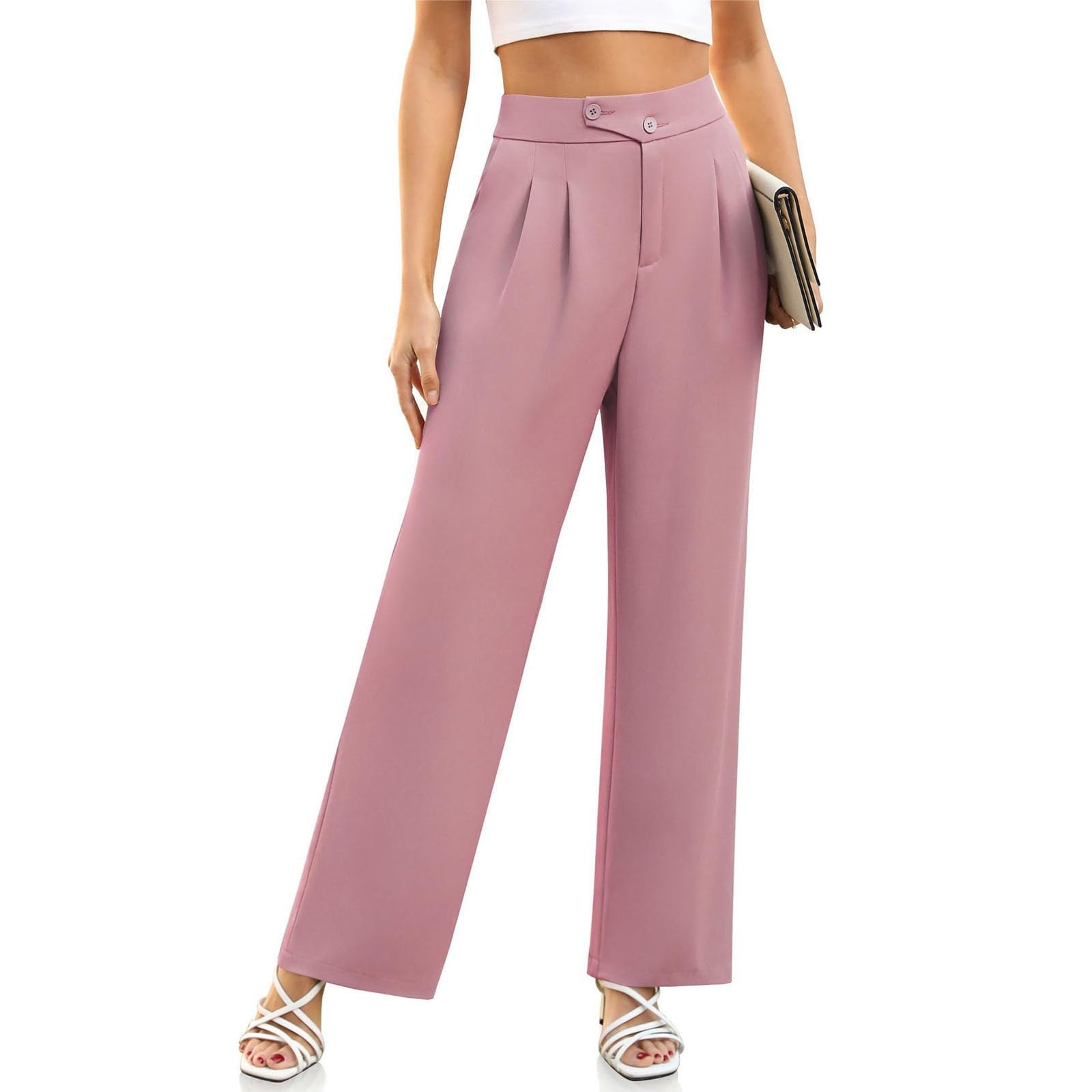 Womens Stretch Pants for Work Casual Dressy Petite Straight Leg Pull On Trousers with Pockets Business Slacks