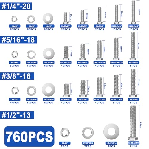 Image of Taiss 760PCS 18-8(304) Stainless Steel Hex Bolts and Nuts Assortment,1 /4-20 5 /16-18 3 /8-16 1 /2-13(Length 1 /2 inch to 2-1 /2 inch) Heavy Duty SAE Nut and Bolt Assortment,Assorted Nuts and Bolts & Washers Kit