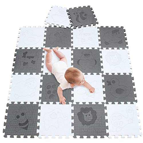 meiqicool Soft Play Mats for Kids Pure Colour EVA Foam Mats Flooring Jigsaw Puzzle Mats 170 X 86CM(18pcs, Gery and White with Animals) L1AL