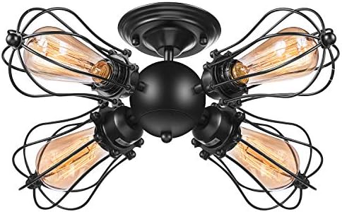 Vintage Wire Cage Semi Flush Mount Ceiling 4-Light Licperron Industrial Antique Black Metal Caged Ceiling Fixture for Living Room Dining Room Kitchen