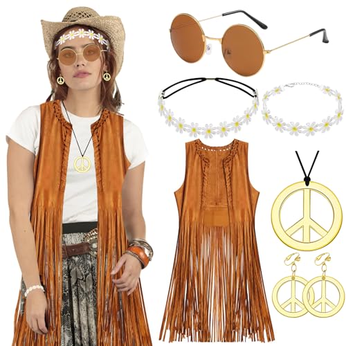 Hippie Kostüm Damen Weste 5stk Boho Retro Hippie Kleidung Damen Accessoires 60er 70er Bekleidung Frauen Disco Outfit Cowgirl Karnevalskostüm Hippie Oberteil Braun Fransenweste Frauen Fasching S