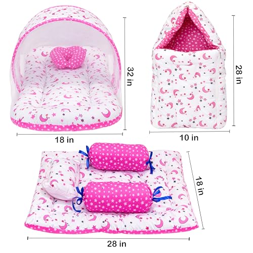 Image of Fareto Combo of Baby Bed with Net | Carry Bag | 4 Pcs Bedding Set (0-6 Months, Baby Size, Cotton) (Pink Moon)