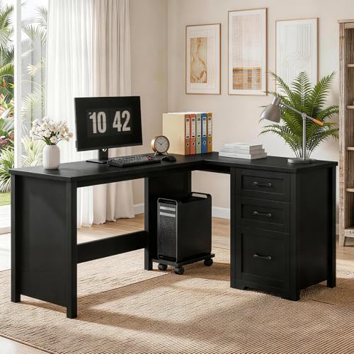 Vabches 61”Farmhouse L Shaped Executive Desk with File Drawer, Pure Black