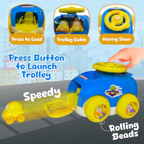innovitoy Catapult Car Toys for Kids 2 Years | Push Friction Baby Car with Rattle Sound Wheel & Press Button Steering Wheel to Launch Two Mini Kids Cars | BPA-Free | Baby Gift Set-Made in India(Blue)
