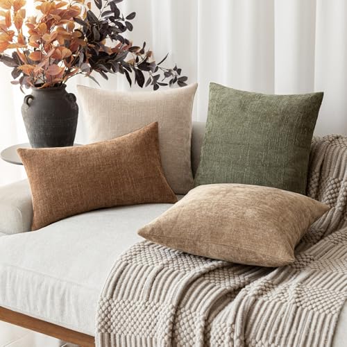 Image of Foindtower Set of 2 Soft Textured Chenille Throw Decorative Pillow Covers Square Accent Solid Cushion Cover Cozy Neutral Farmhouse Pillow Case for Couch Sofa Bedroom Living Room 26x26 Inch,Cream Camel