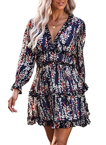 Dokotoo Womens Elegant Cute Spring Short Fall Casual Sexy Deep V Neck Ruffle Chiffon Lantern Long Sleeve Elegant Floral Printed Boho Hawaiian Flowy Mini Skirt Dresses for Women Party 2022 Medium