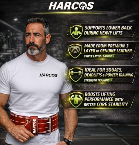 Image of Harcos Leather Weightlifting Gym Belt for Men & Women with Prone Buckle | Back Support Belt for Lifting, Squats, Deadlifts, Powerlifting & Strength Training | Adjustable Waist Workout Gym United states power lifting association & IPL Approved (Wine Red, M)