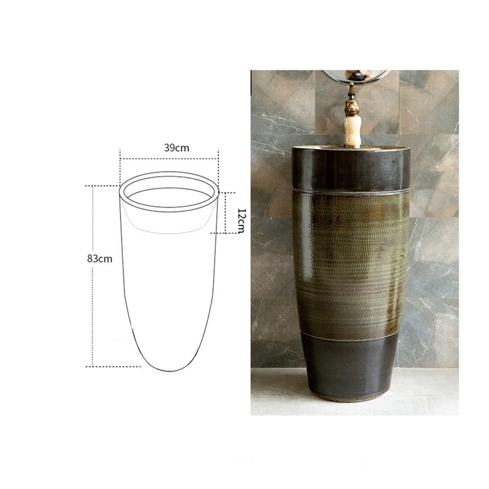 Lavello a colonna in ceramica nera con rubinetto e kit di scarico, elegante lavabo da pavimento per casa, balcone, hotel, bagno e sala polvere