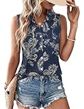 Rapbin Womens Tops Summer Sleeveless Button Down Cotton Shirt Office Business Collared Blouses with Pleated Front Ladies Casual Tank Tops Floral Navy M
