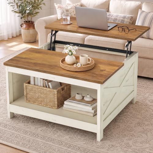 VASAGLE Lift Top Coffee Table, Square Farmhouse Coffee Table with Storage