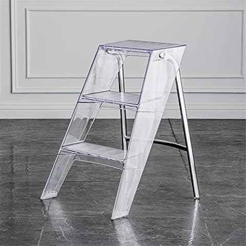 JIAODIE Folding Steps Ladder, Mult-Purpose Acrylic Herringbone Ladder Extension Collapsible Built-in A-Frame Stool 150KG Max Load Ladder for Household Office Kitchen,Clear Cover