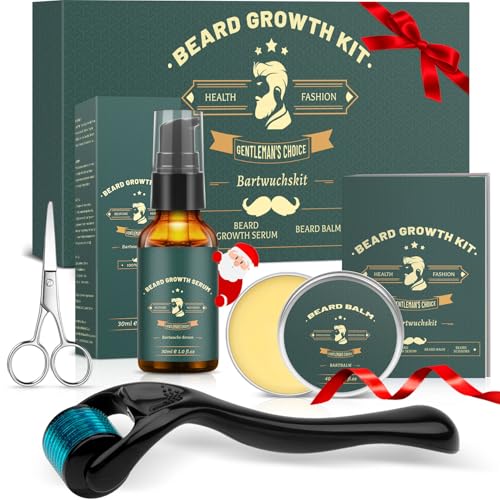 Beard Growth Kit, KHOLEZ Bartpflege Set für Männer, Dermaroller Bartwuchsmittel Männer mit Bartroller Bartwuchs 0,25mm, Bartwuchs Bartöl, Bartbalsam, Bartschere, Geschenke Weihnachten für Männer Vater