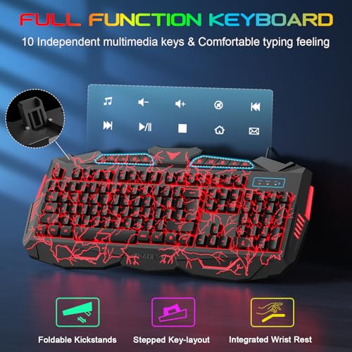 image for BlueFinger Gaming Keyboard Mouse Headset Combo, USB Wired Crack Backli