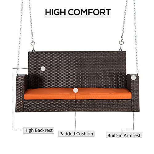 Outsunny 2 Person Wicker Hanging Swing Bench, Front Porch Swing Outdoor Chair With Cushions 550 Lbs. Weight Capacity For Backyard, Garden, Orange #TOP4