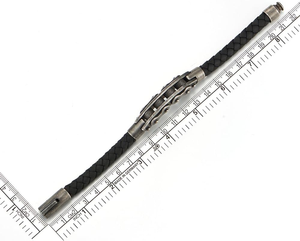 COOLSTEELANDBEYOND Mens Steel Vintage Old Metal Motorcycle Bike Chain Mechanic, Black Braided Leather Bangle Bracelet - Image 5