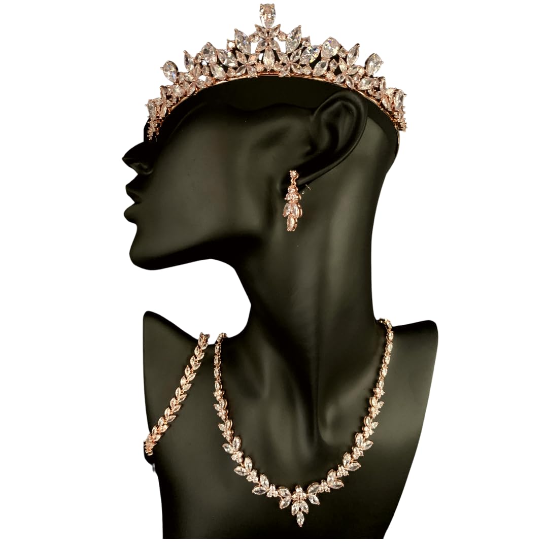 ROSEGOLD Zirkonia Schmuck Kette Schmuckset Armband Hochzeit Collier Halskette Brautschmuck Kommunion Ball Abiball Diadem Tiara Collier Krone Haarschmuck