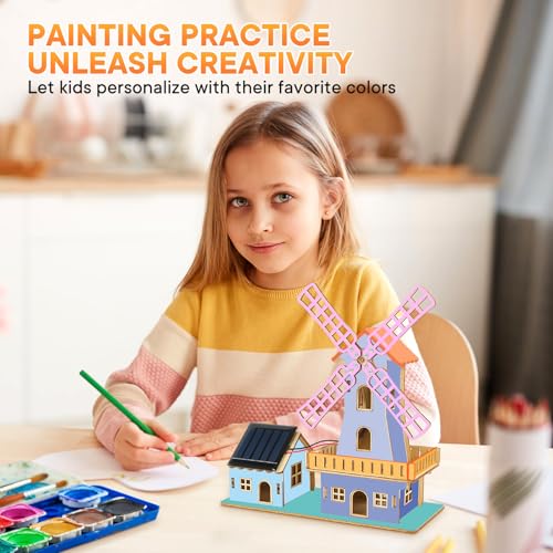 image for winsonik STEM Solar-Powered 3D Wooden Puzzle Kit - DIY Dutch Windmill 