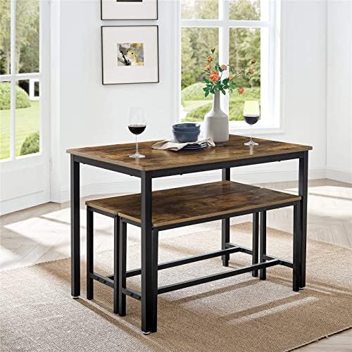 VASAGLE Dining Table with 2 Benches, 3 Pieces Set, Kitchen Table of 110 x 70 x 75 cm, 2 Benches of 97 x 30 x 50 cm Each, Steel Frame, Industrial Design, Rustic Brown and Black KDT070B01