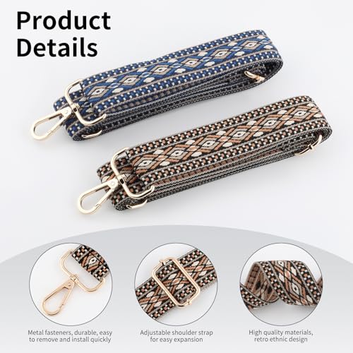 Image of 2 PCS Purse Strap, 1.5 inch Wide Shoulder Strap Adjustable Replacement Crossbody Bag Strap, Retro Multi-Pattern Lozenge Pattern Handbag Strap, Wide Adjustable Strap for Purses & Shoulder Bags (Gold&Blue)